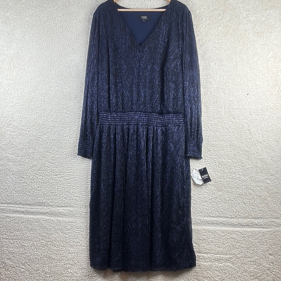 NWT MSK Womens Navy Blue Metallic Smocked V-Neck Long Sleeve Midi Dress PLUS 3X - Picture 2 of 13